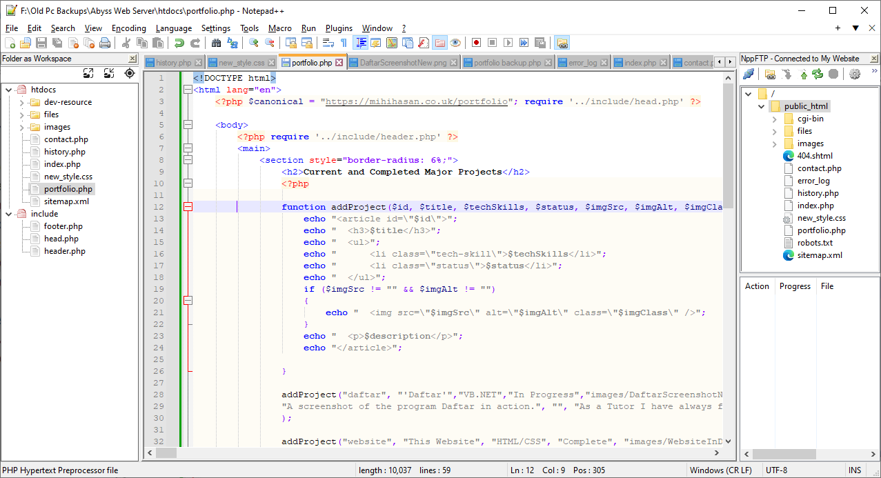 A screenshot of the website portfolio page markup from when it was in development.