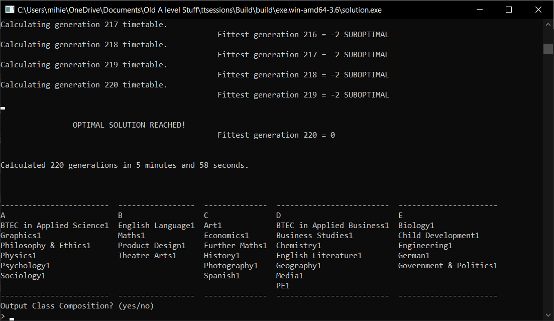 A screenshot of a console view of the genetic algorithm solution working to solve the timetabling problem.